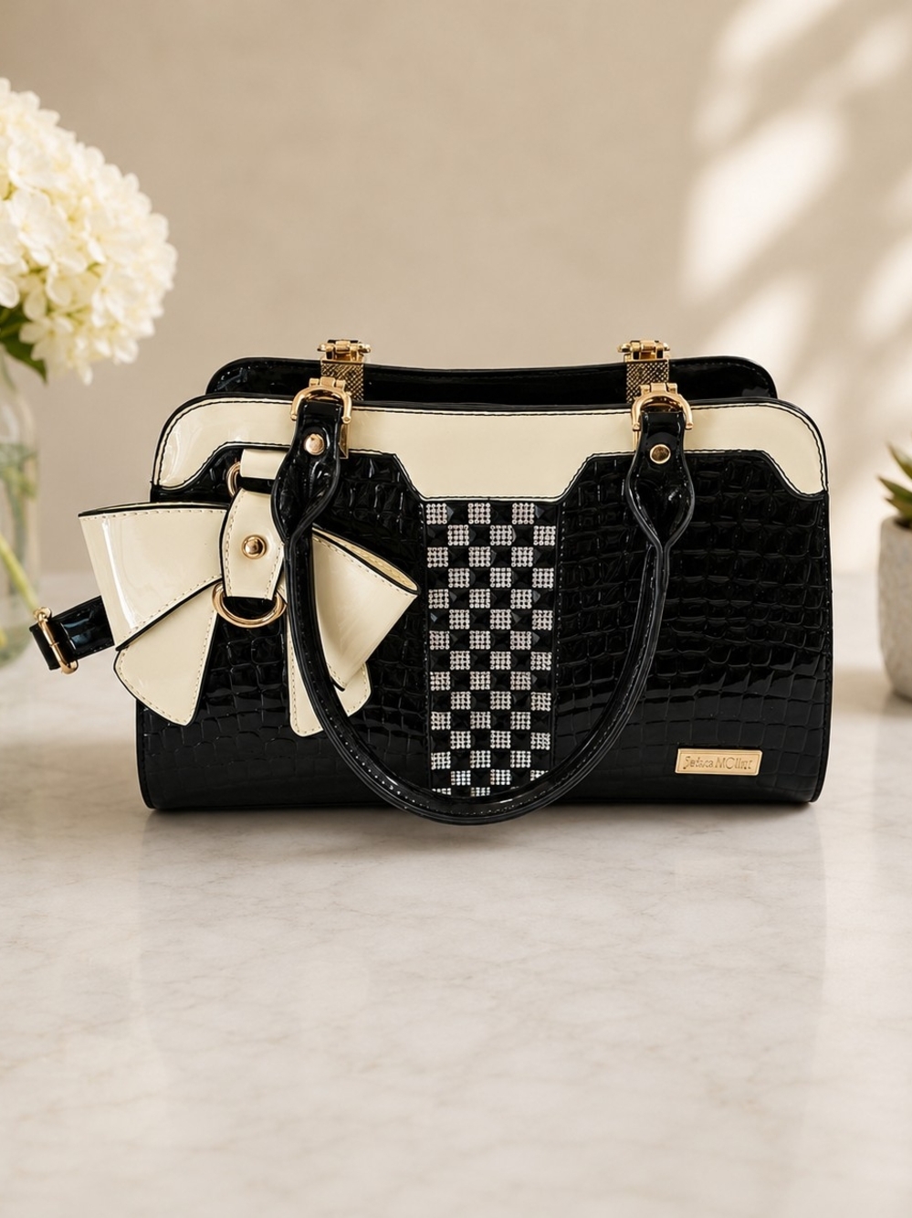 Julia & Michael Black & Ivory Patent Croc Rhinestone Bow Satchel Handbag